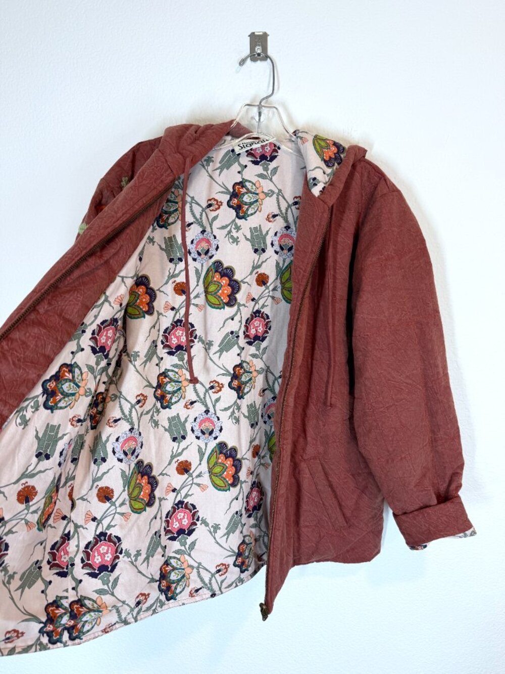 Boho Quilted Embroidered Floral Hoodie Jacket Coat Rust Indie Hippie Large - Picture 4 of 12